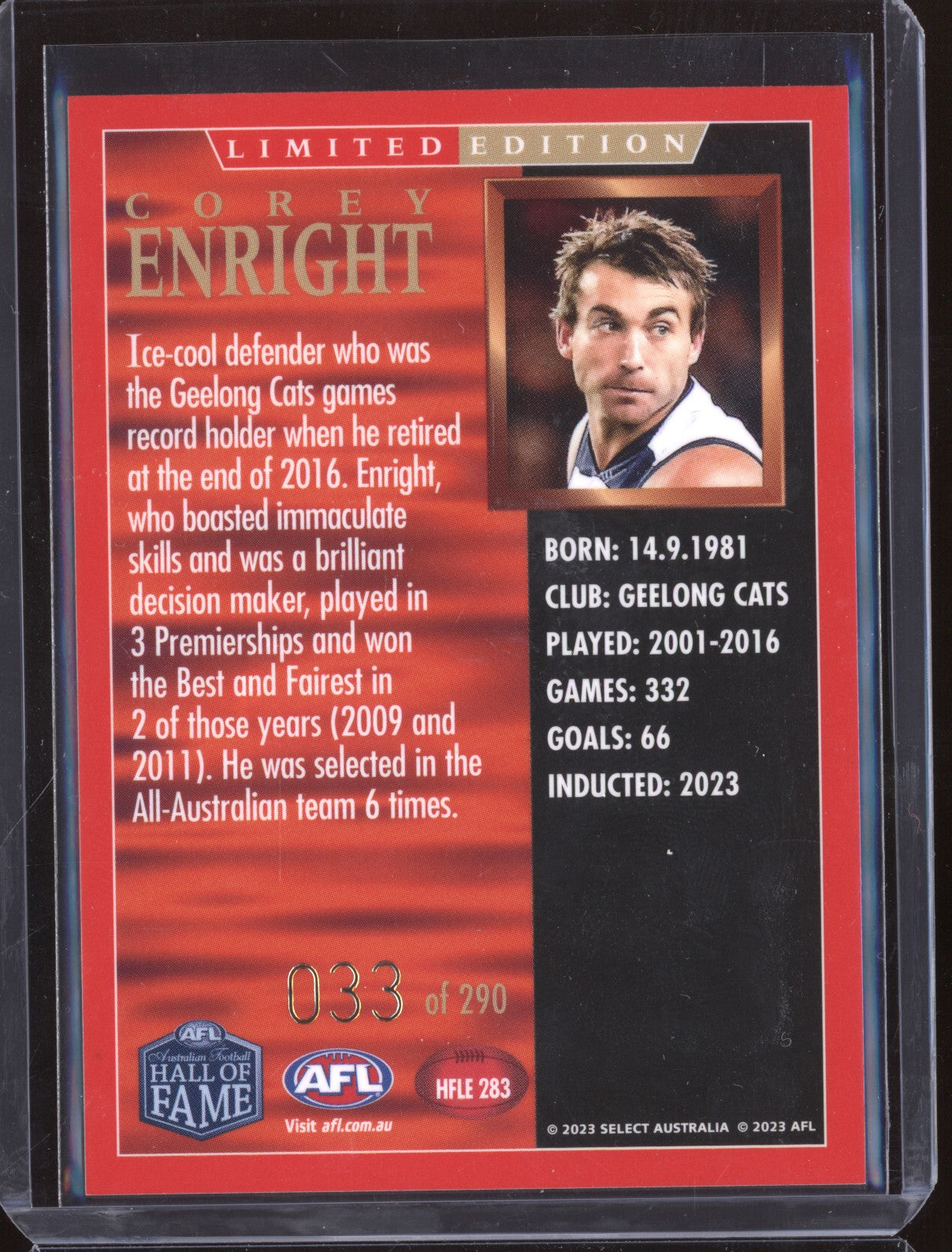 Corey Enright 2023 Select Legacy AFL Hall of Fame Inductees Limited Edition /290