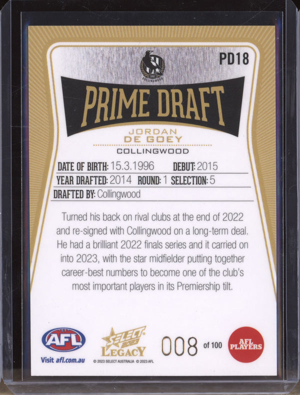 Jordan De Goey 2023 Select Legacy AFL PD18 Prime Draft Low 008/100