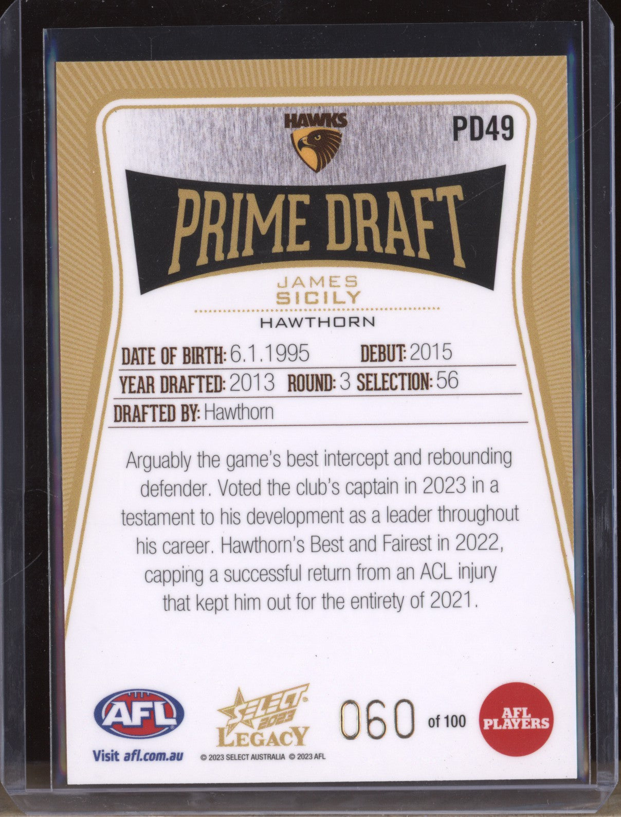 James Sicily 2023 Select Legacy AFL PD49 Prime Draft 060/100