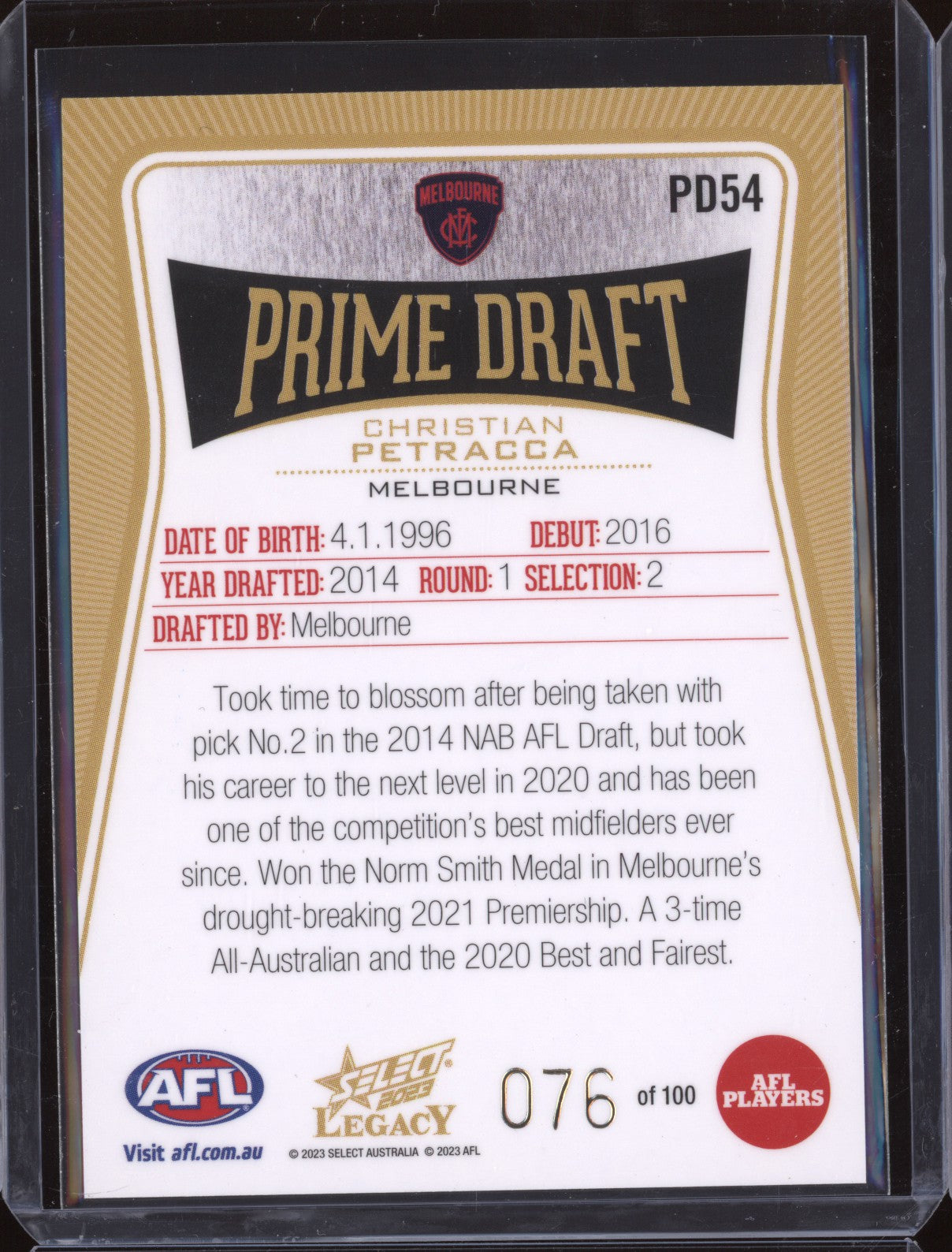 Christian Petracca 2023 Select Legacy AFL PD54 Prime Draft 076/100