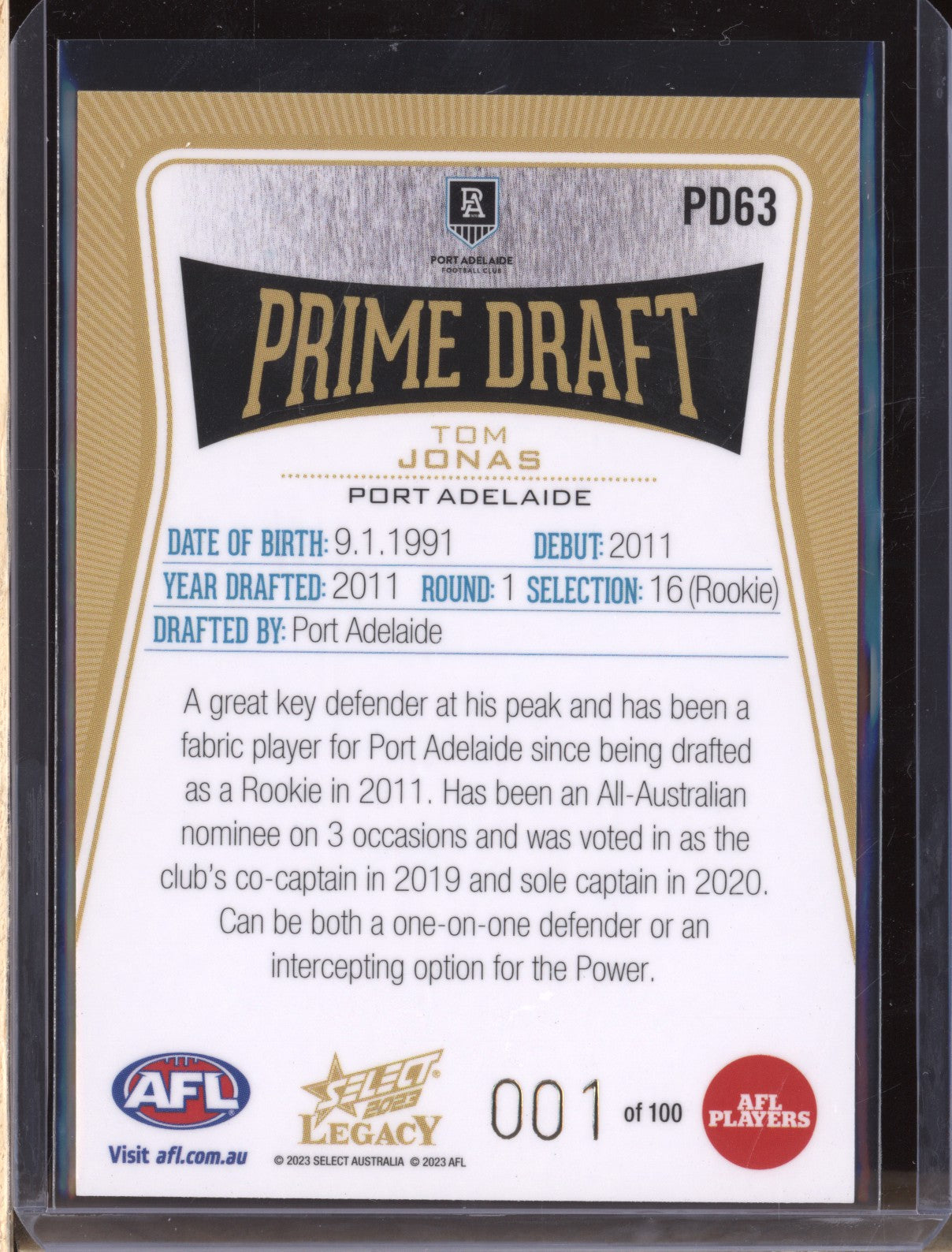 Tom Jonas 2023 Select Legacy AFL PD63 Prime Draft Low 001/100