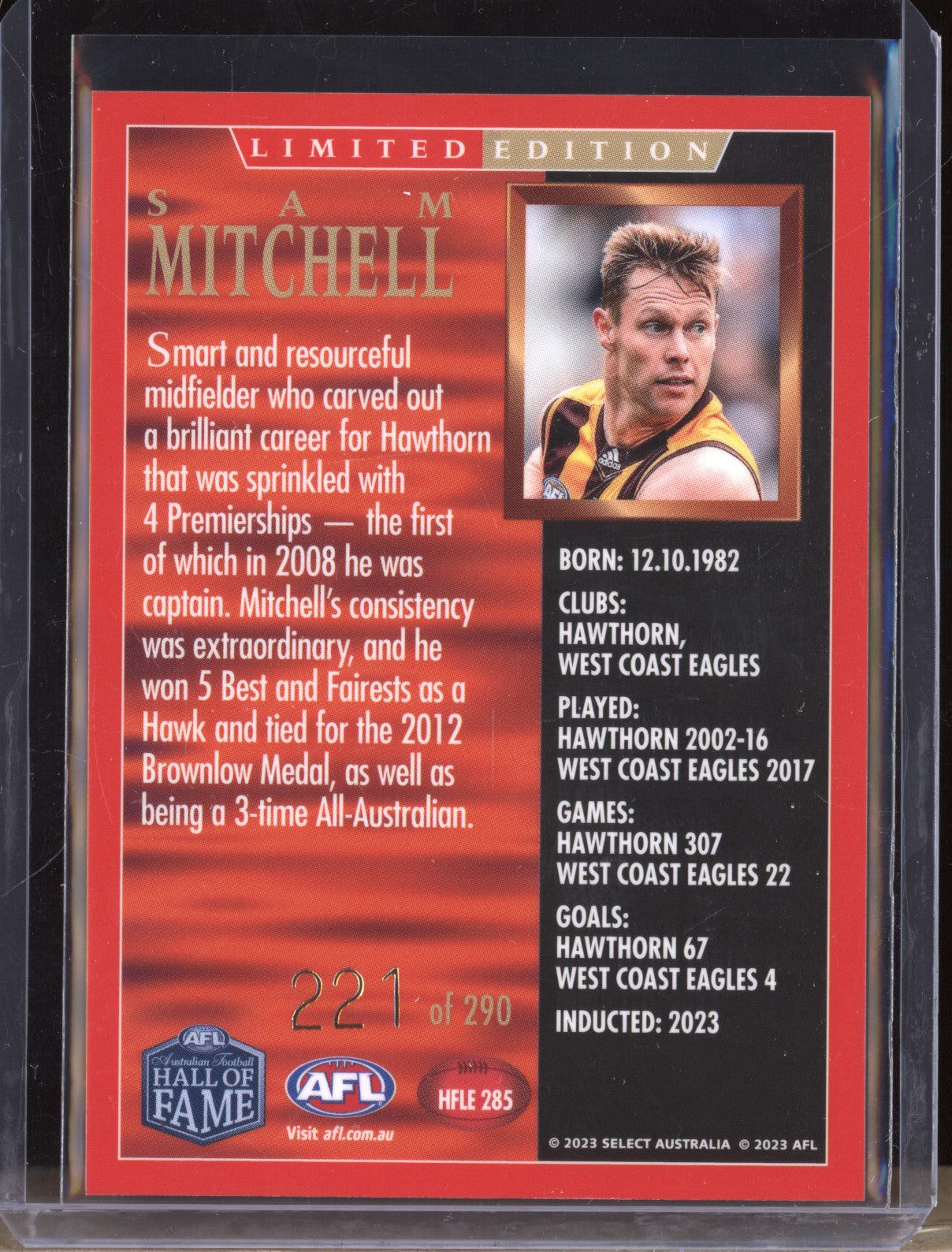 Sam Mitchell 2023 Select Legacy AFL Hall of Fame Inductees Limited Edition /290