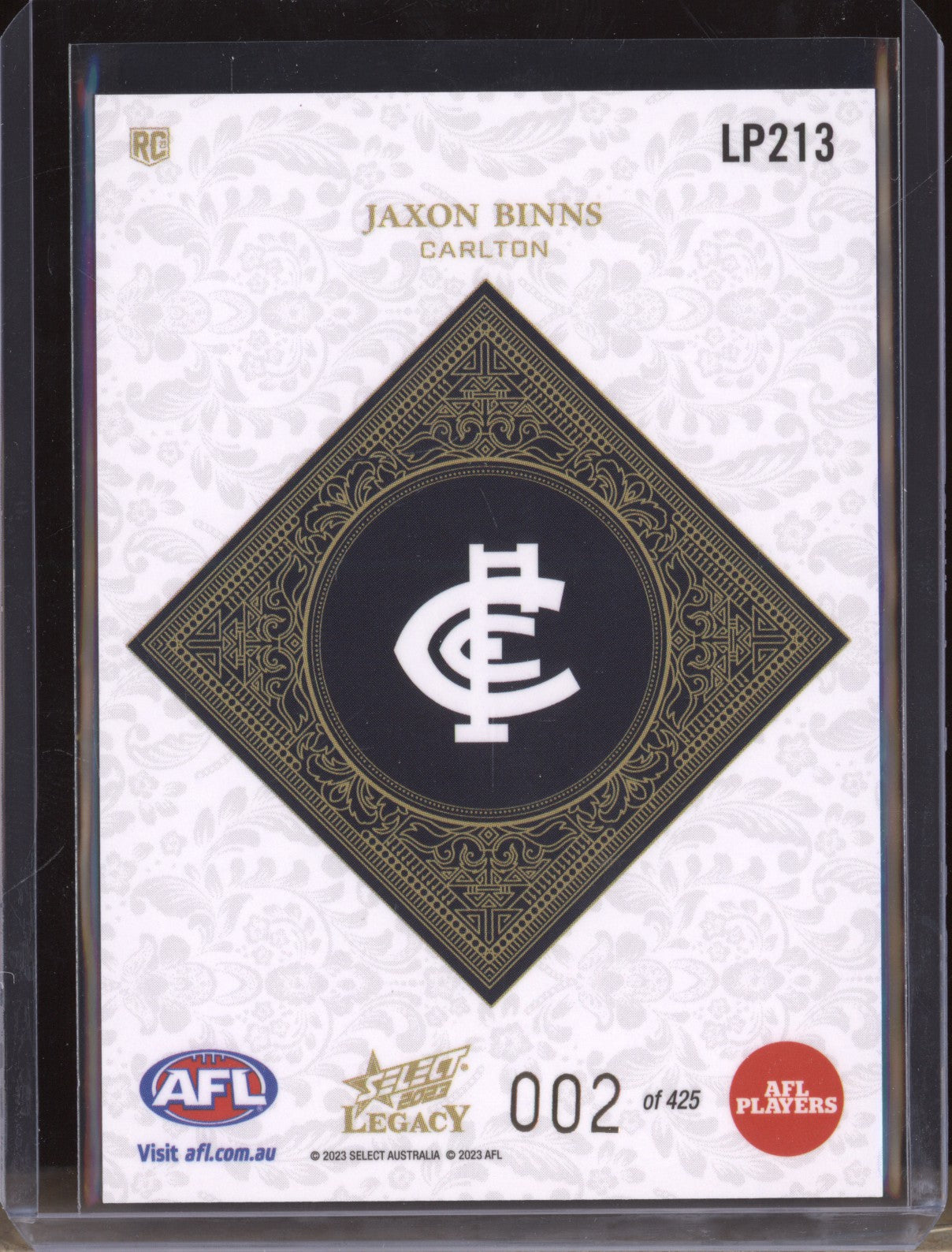 Jaxon Binns 2023 Select Legacy AFL LP213 Legacy Plus Low RC 002/425