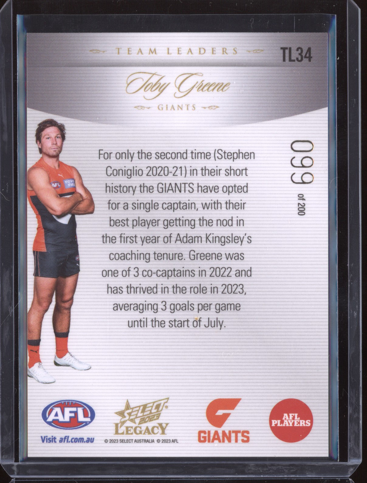 Toby Greene 2023 Select Legacy AFL TL34 Team Leaders 099/200