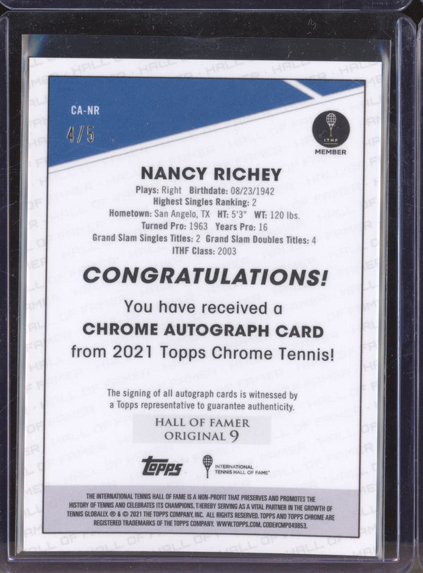 Nancy Richey 2021 Topps Chrome Tennis CA-NR Black and White Ray Wave Auto 4/5