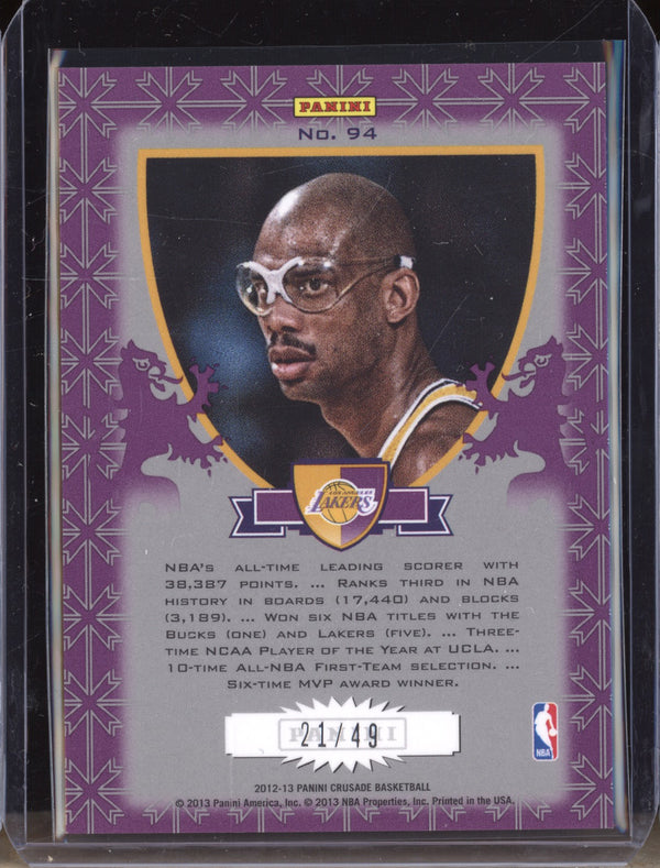 Kareem Abdul-Jabbar 2012-13 Panini Crusade 94 Crusade Purple & Gold 21/49