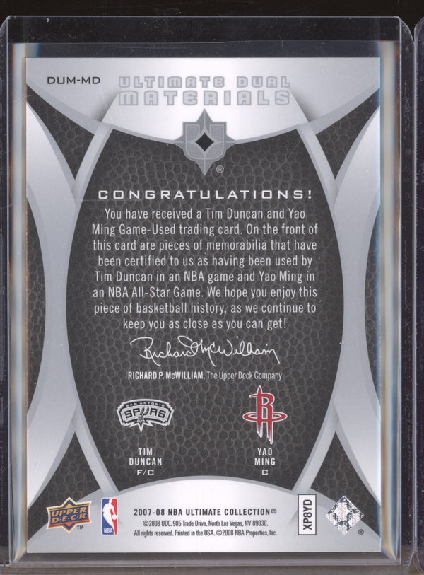 Tim Duncan / Yao Ming 2007-08 Upper Deck Ultimate Collection DIM-MD Ultimate Dual Materials 94/99