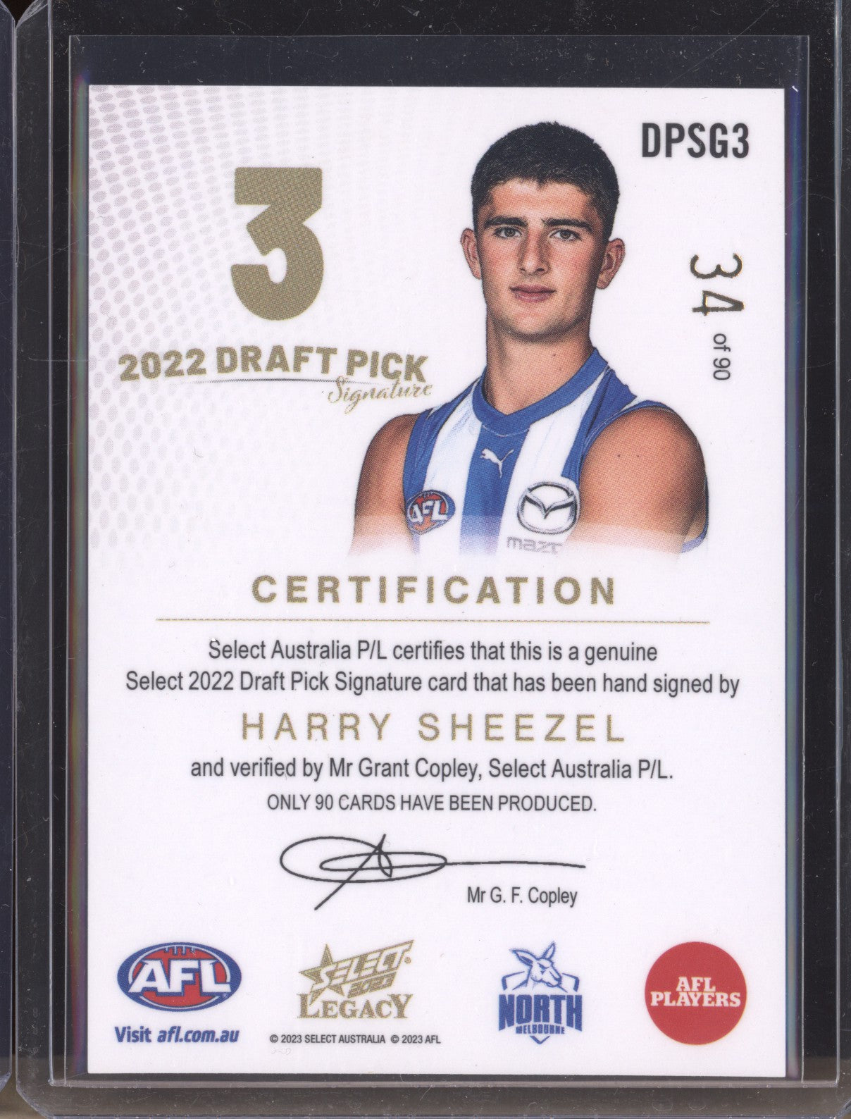 Harry Sheezel 2023 Select Legacy DPSG3 Draft Pick Signature Gold RC 34/90