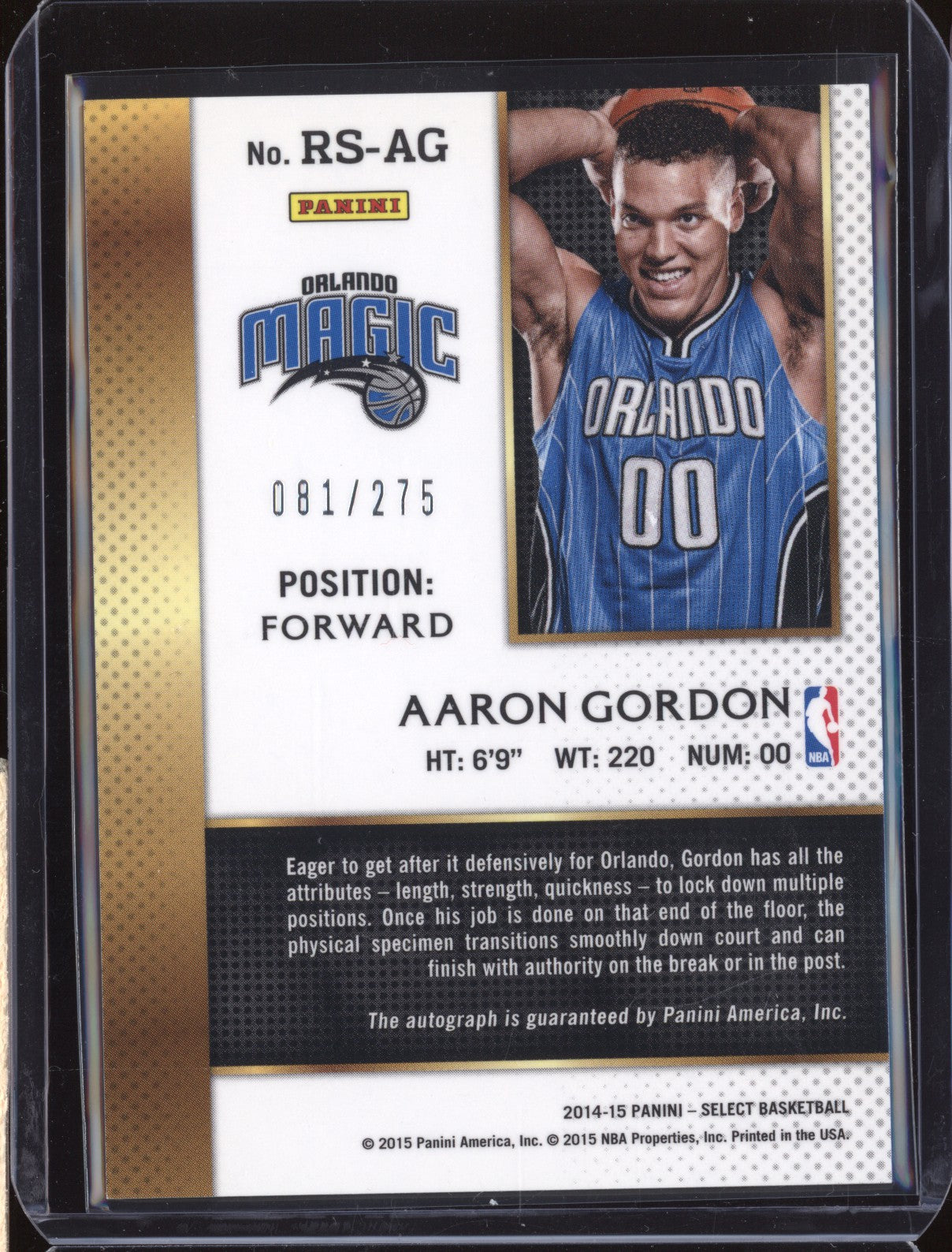 Aaron Gordon 2014-15 Panini Select RS-AG Rookie Signatures Auto RC 81/275