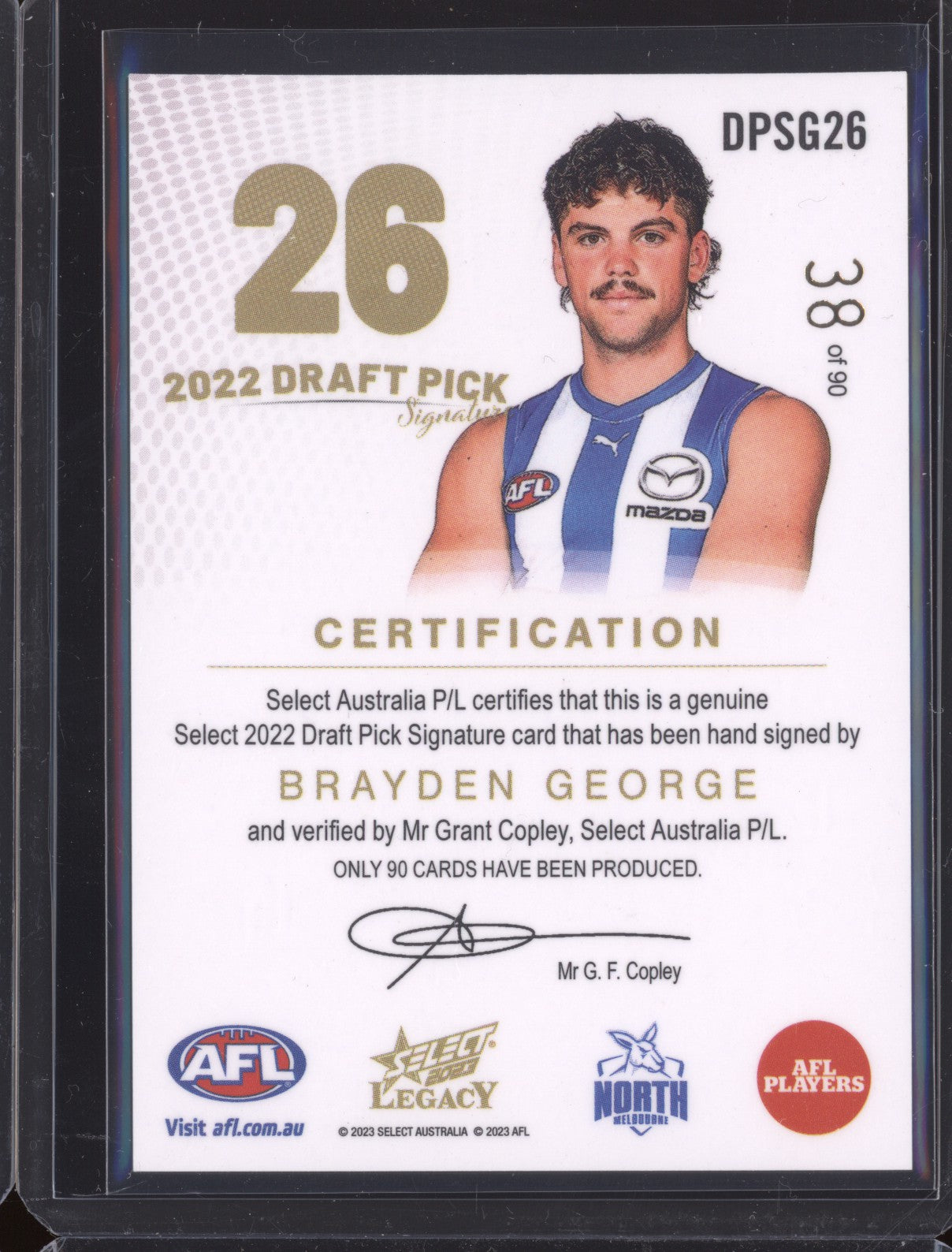 Brayden George 2023 Select Legacy DPSG26 Draft Pick Signature Gold RC 38/90