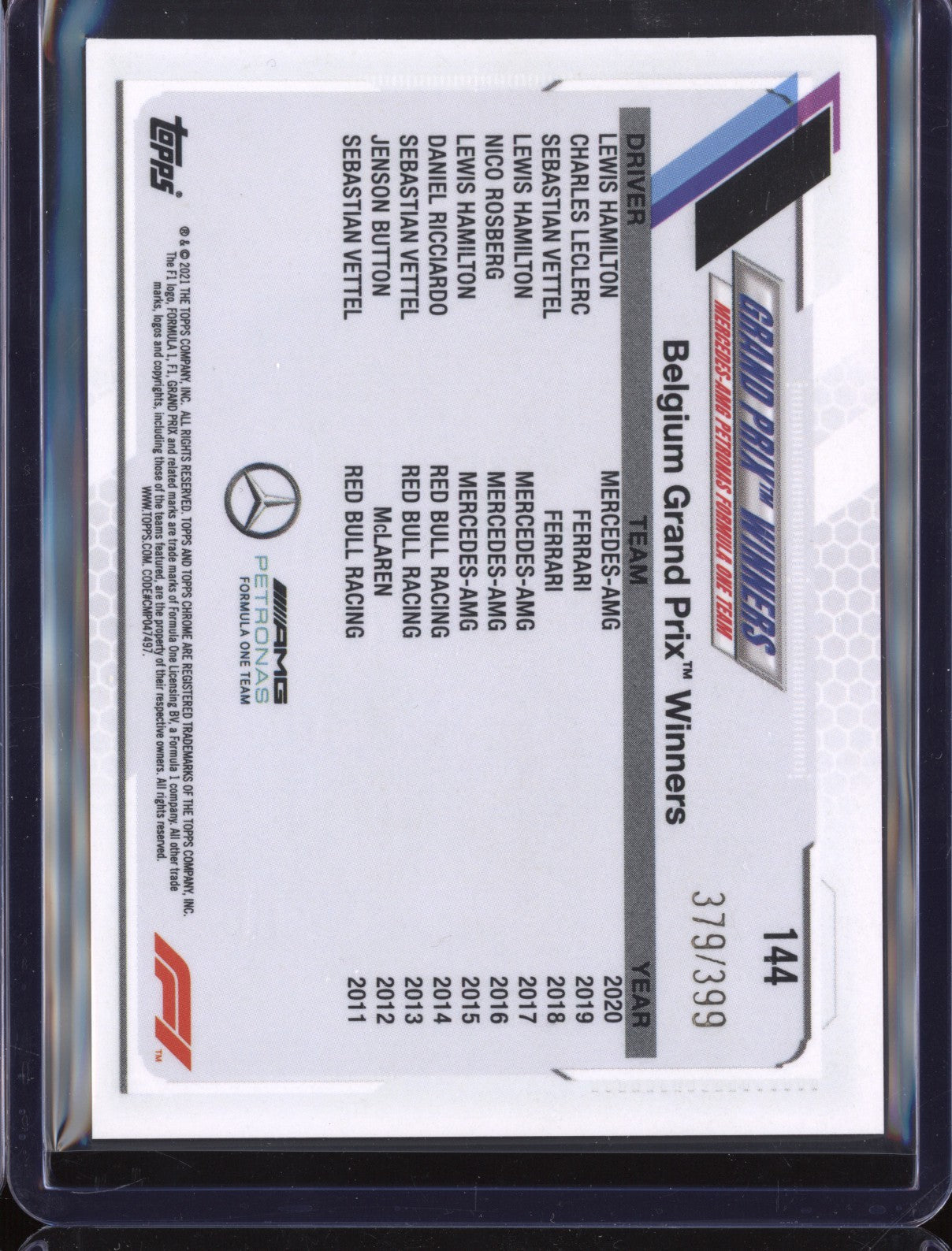 Lewis Hamilton 2021 Topps Chrome Formula 1 144 Purple Refractor 379/399