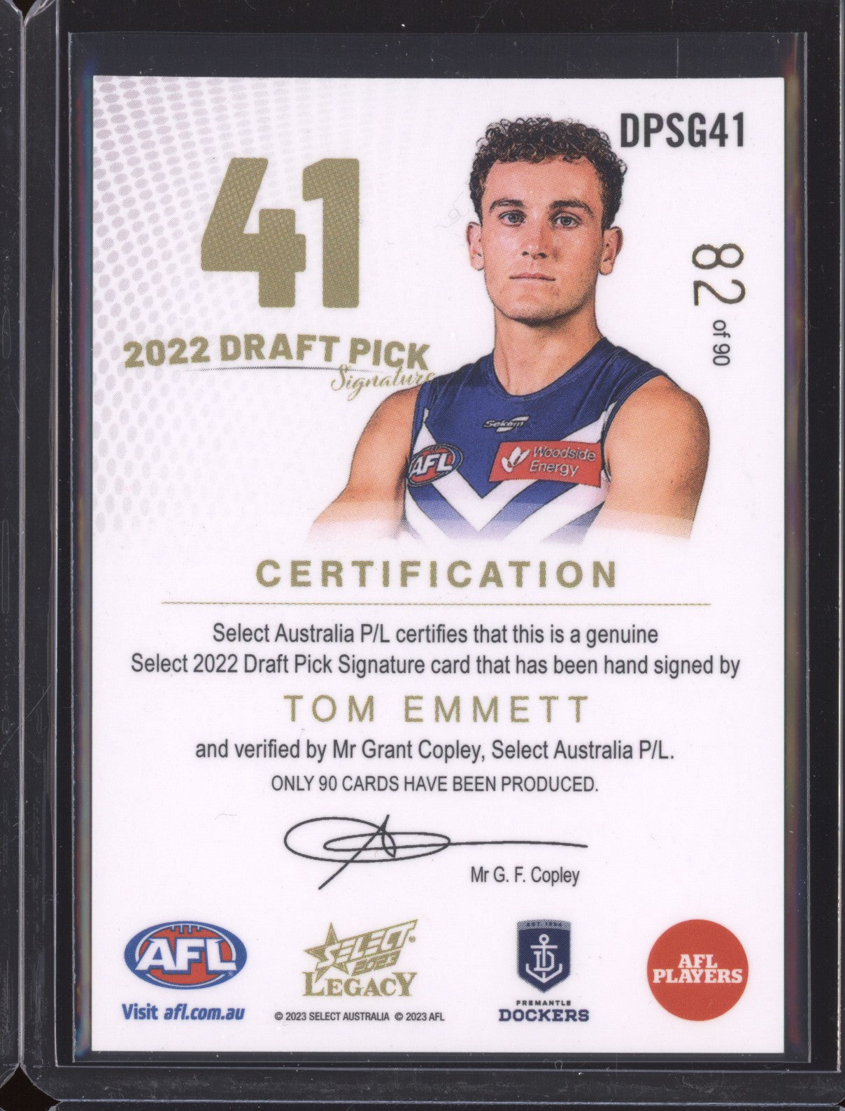 Tom Emmett 2023 Select Legacy DPSG41 Draft Pick Signature Gold RC 82/90