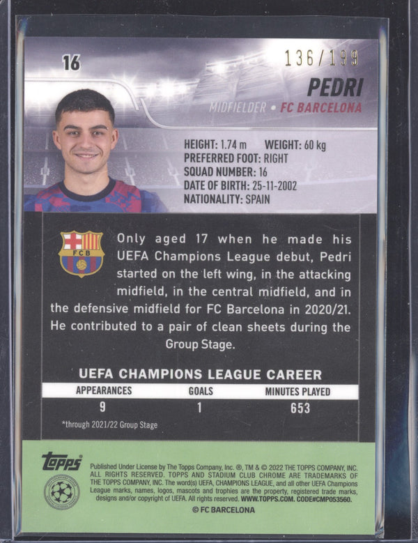 Pedri 2021-22 Topps Stadium Club Chrome UCL 16 Aqua Green Electric Charge 136/199