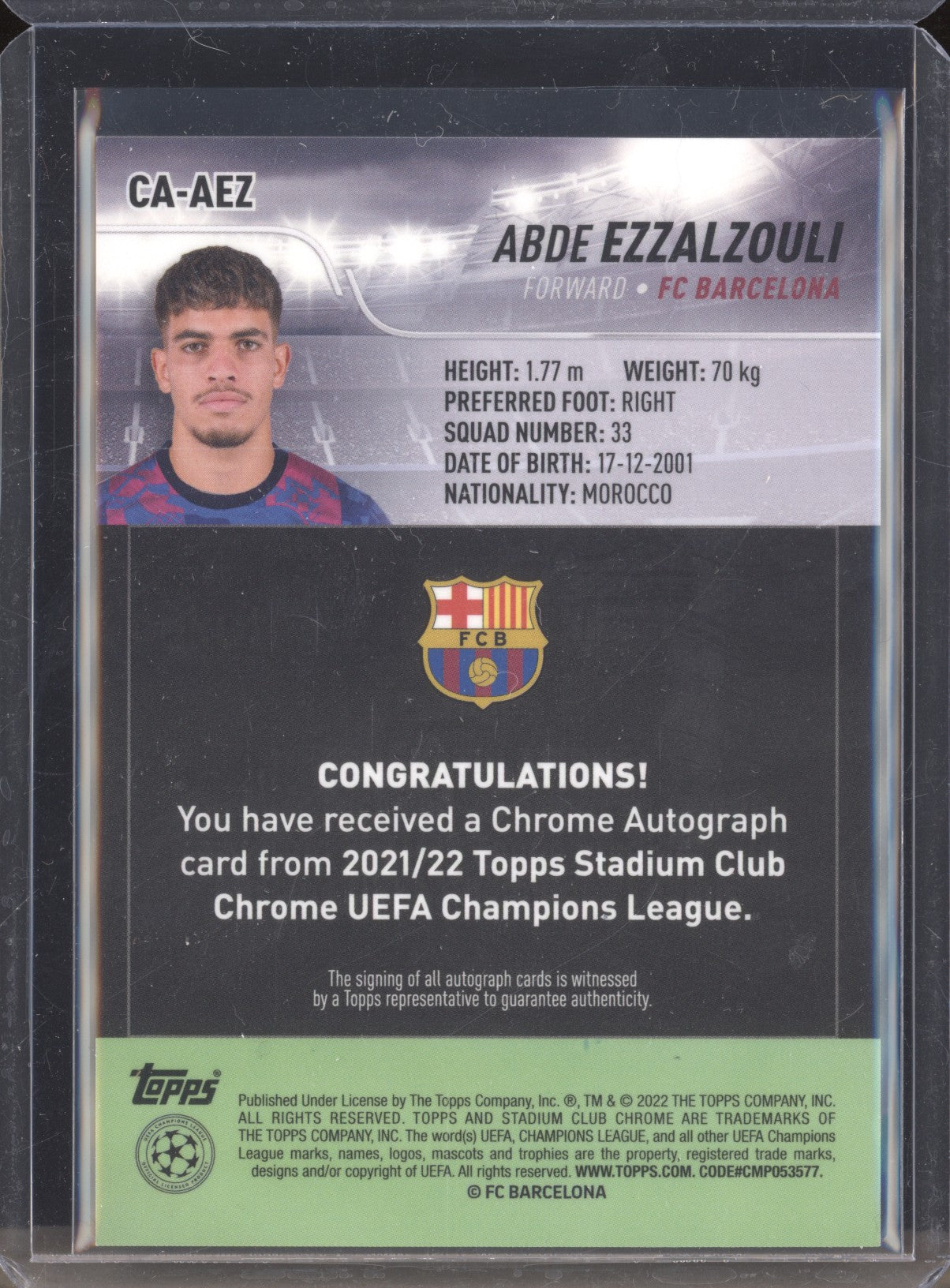 Abde Ezzalzouli 2021-22 Topps Stadium Club Chrome UCL CA-AEZ Chrome Auto RC