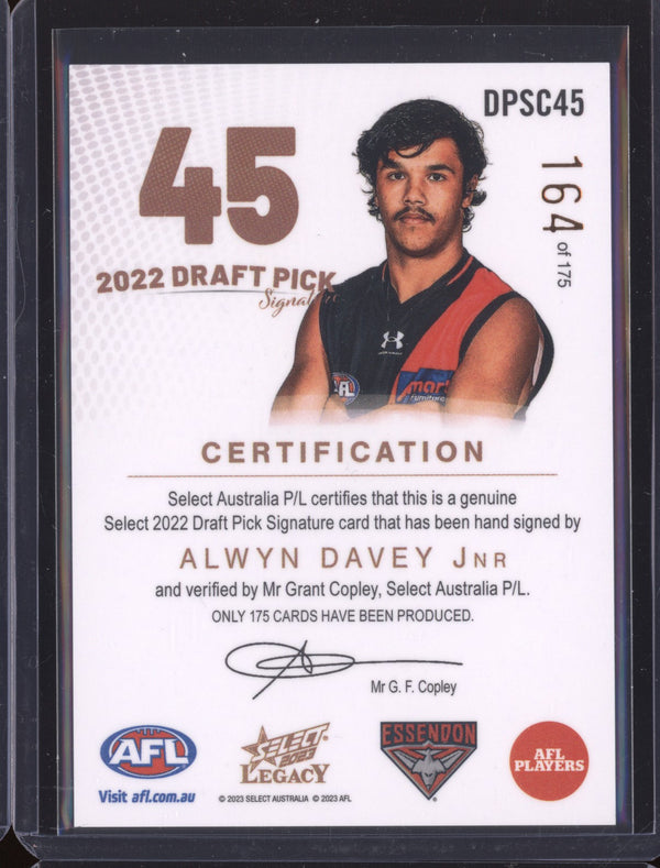 Alwyn Davey Jnr 2023 Select Legacy DPSC45 Draft Pick Signature Copper RC 164/175