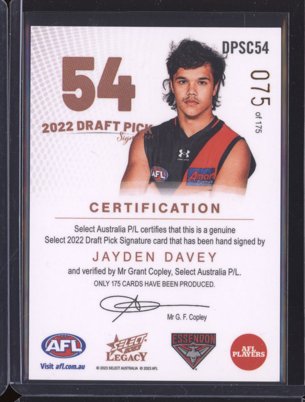 Jayden Davey 2023 Select Legacy DPSC54 Draft Pick Signature Copper RC 75/175
