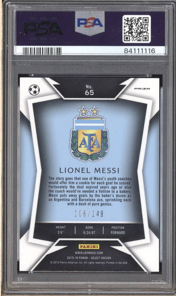 Lionel Messi 2015-16 Panini Select 65 Orange Dark Blue Jersey 106/149 PSA 10