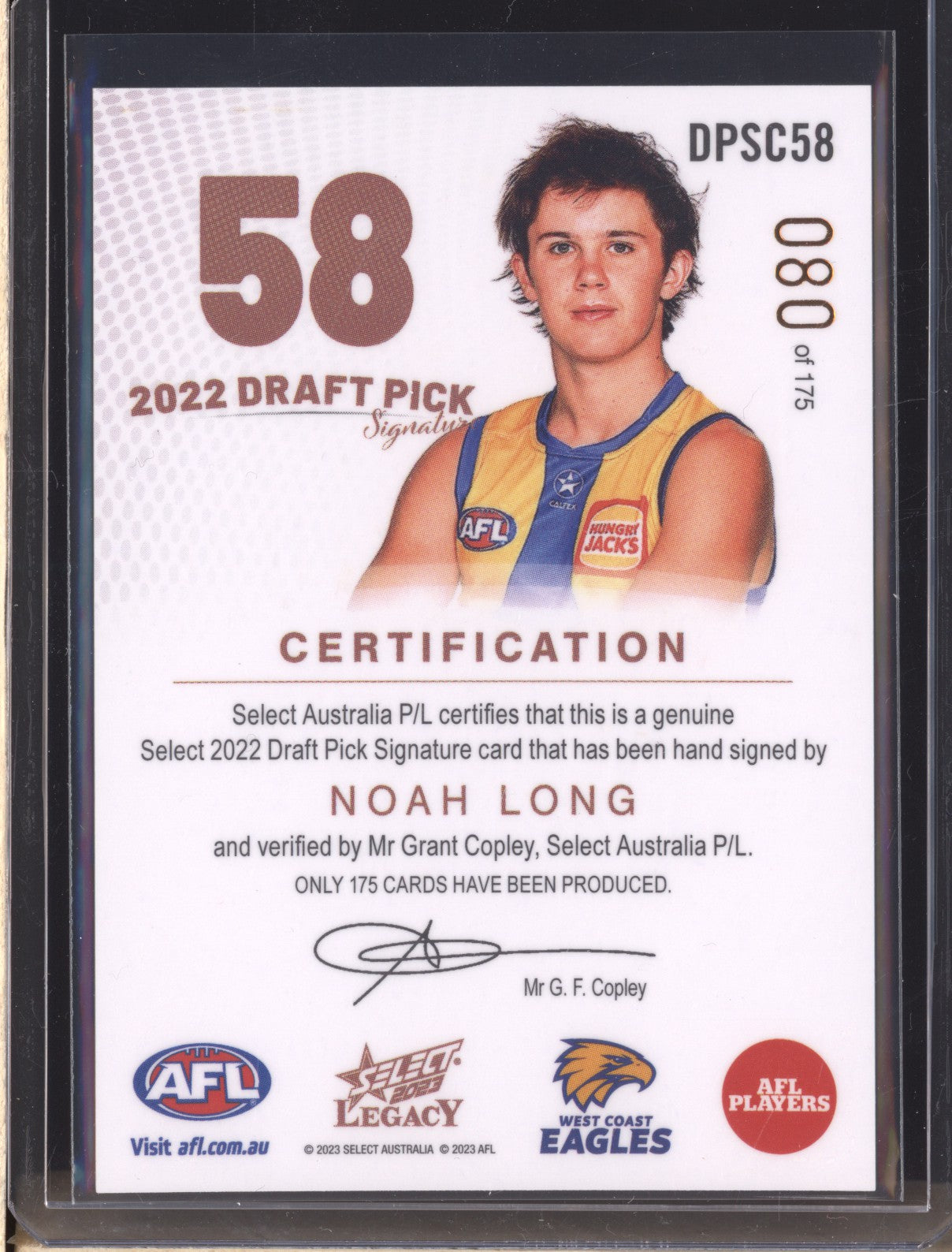 Noah Long 2023 Select Legacy DPSC58 Draft Pick Signature Copper RC 80/175