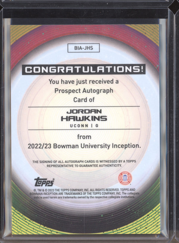 Jordan Hawkins 2022-23 Bowman University Inception BIA-JHS Prospect Auto RC