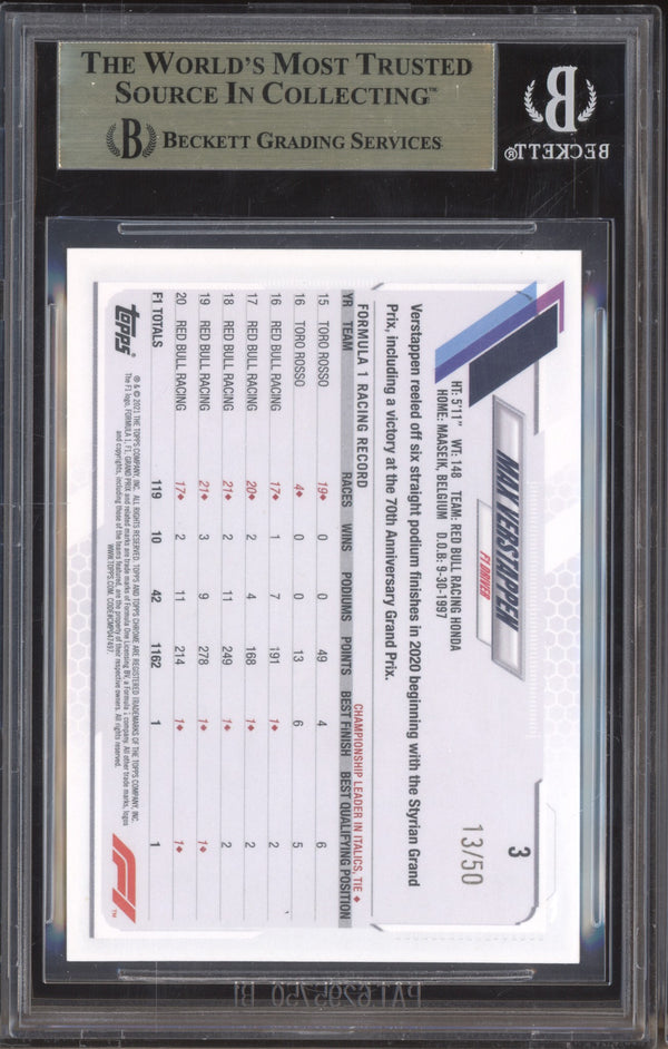 Max Verstappen 2021 Topps Chrome Formula 1 3 Gold Refractor 13/50 BGS 9.5