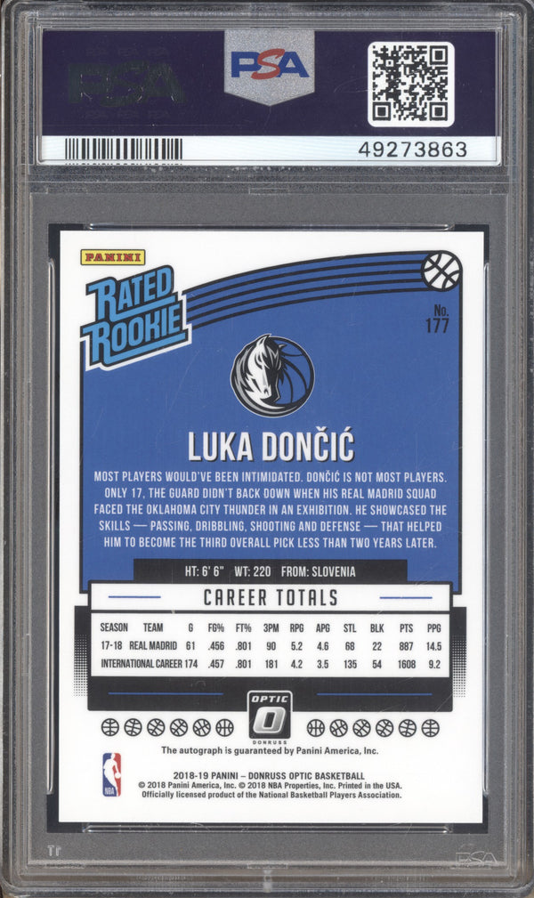 Luka Doncic 2018-19 Panini Donruss Optic 177 Rookie Auto RC PSA 9