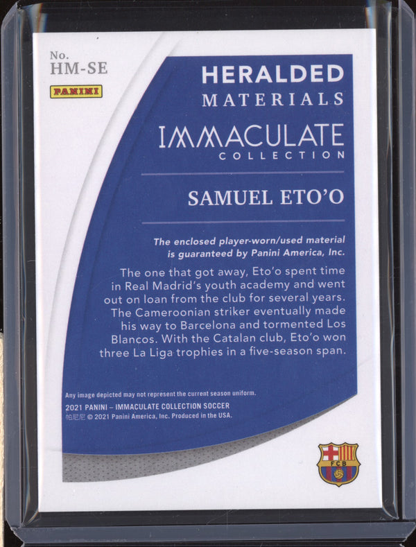 Samuel Eto'o 2021 Panini Immaculate HM-SE Heralded Materials Silver Patch 27/49