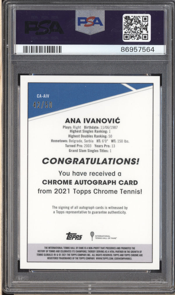 Ana Ivanovic 2021 Topps Chrome Tennis CA-AIV Auto RC 42/50 PSA 10