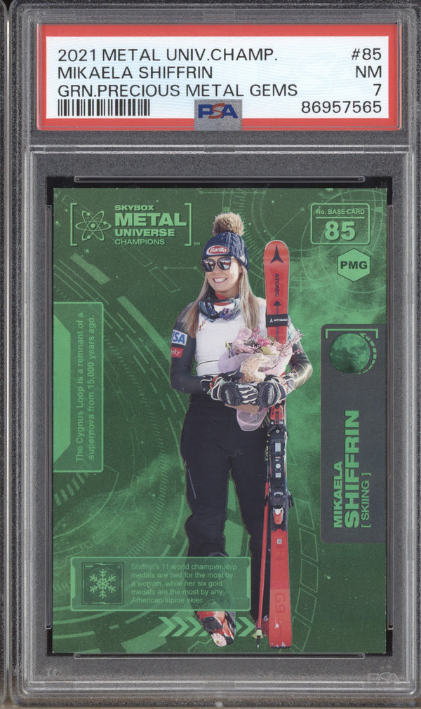 Mikaela Shiffrin 2021 Skybox Metal Universe Precious Metal Gems Green 2/10 PSA 7