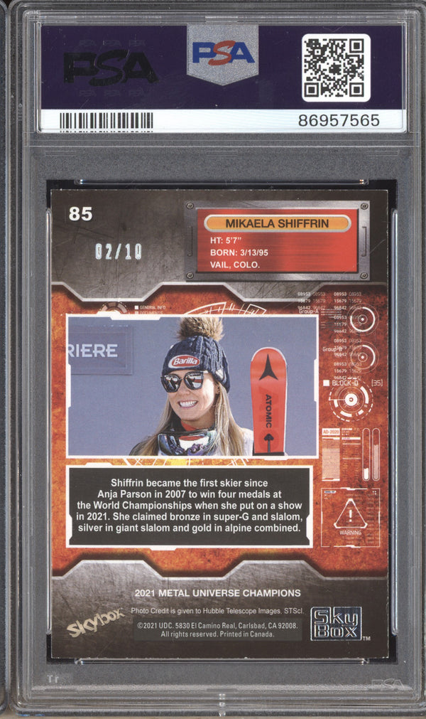 Mikaela Shiffrin 2021 Skybox Metal Universe Precious Metal Gems Green 2/10 PSA 7