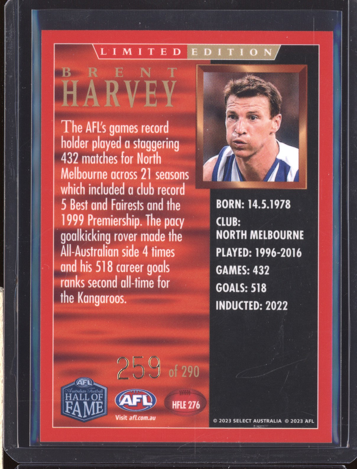 Brent Harvey 2023 Select Legacy Hall of Fame Inductees Limited Edition 259/290