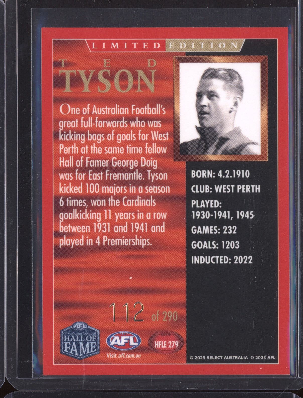 Ted Tyson 2023 Select Legacy Hall of Fame Inductees Limited Edition 112/290