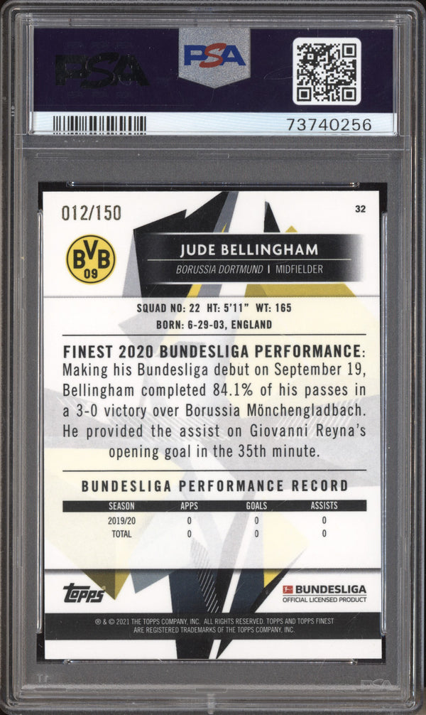 Jude Bellingham 2020-21 Topps Finest Bundesliga Blue Refractor RC 12/150 PSA 10