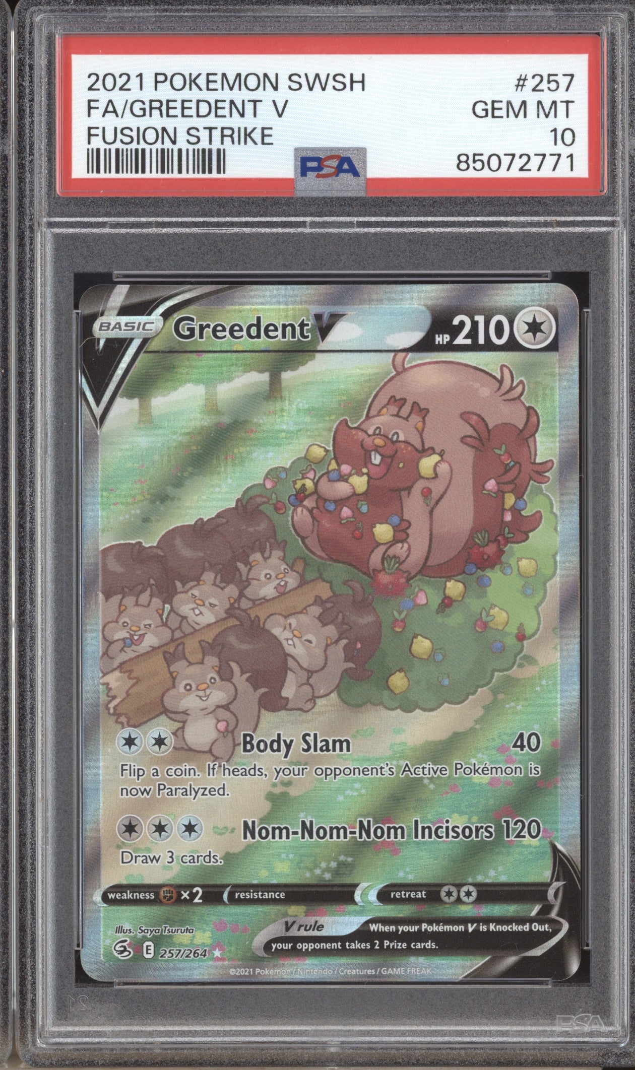 Greedent V 2021 Pokemon Fusion Strike 257/264 Full Art PSA 10