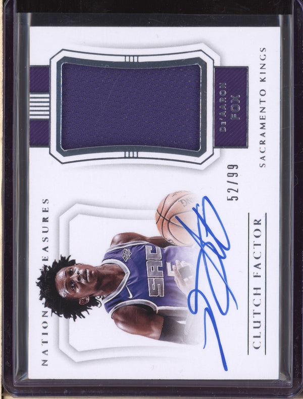 De'Aaron Fox 2017-18 Panini National Treasures CF-DAF Clutch Factor Jersey Auto RC 52/99