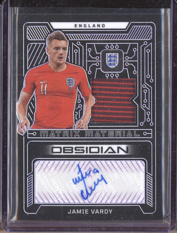 Jamie Vardy 2022-23 Panini Obsidian Soccer MMA-JV Matrix Material Auto Purple 2/5