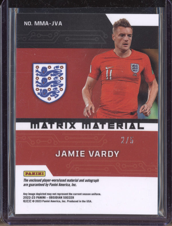 Jamie Vardy 2022-23 Panini Obsidian Soccer MMA-JV Matrix Material Auto Purple 2/5