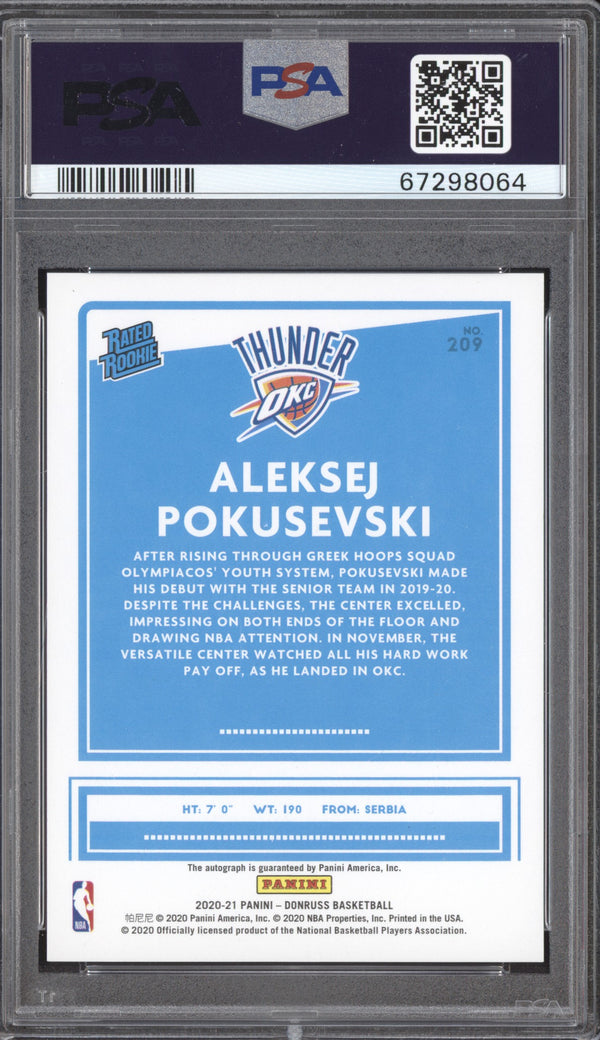 Aleksej Pokusevski 2020-21 Panini Donruss 209 Rated Rookies Signatures Choice RC PSA 10