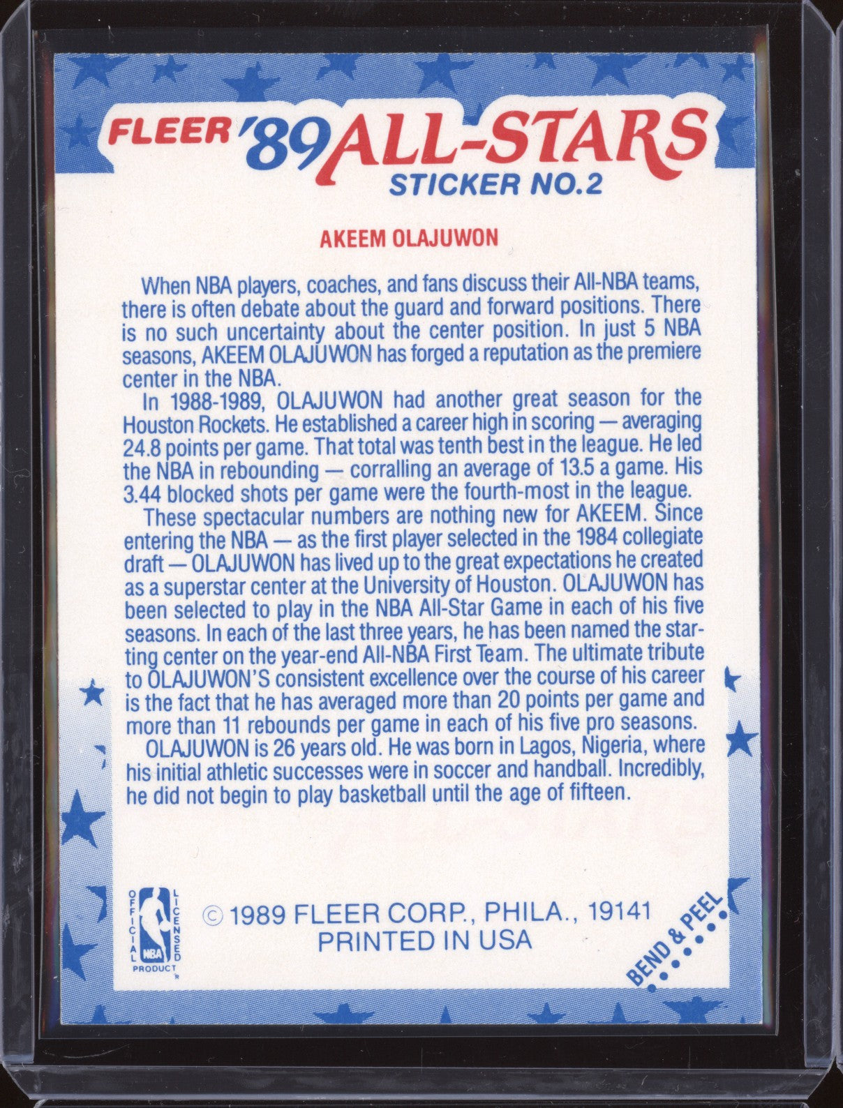 Akeem Olajuwon 1989-90 Fleer  2 Sticker