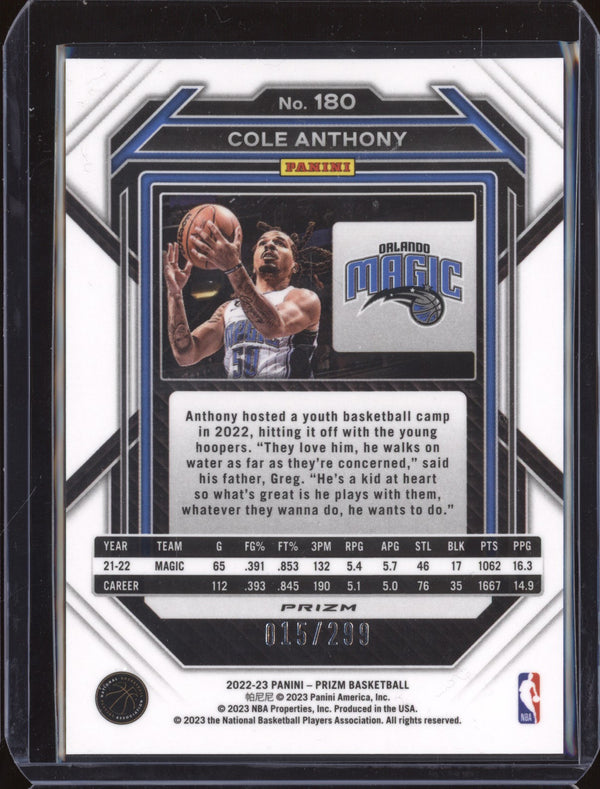 Cole Anthony 2022-23 Panini Prizm 180 Red 15/299