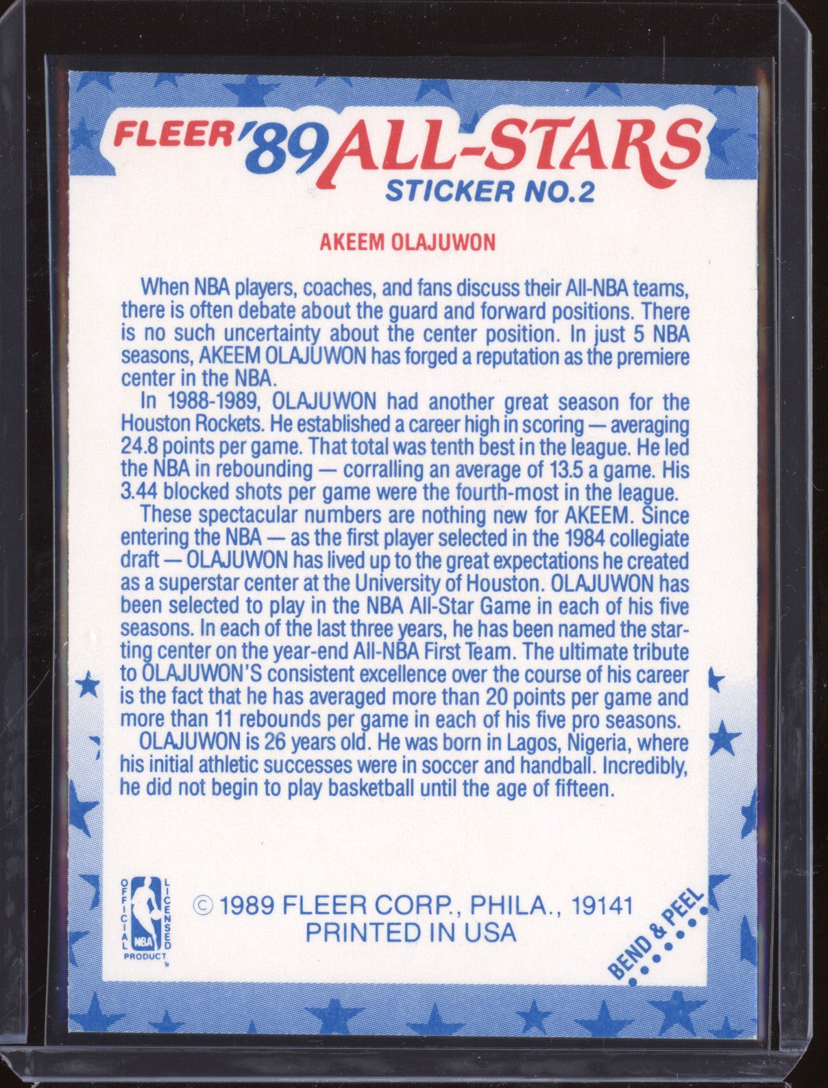 Akeem Olajuwon 1989-90 Fleer  2 Sticker