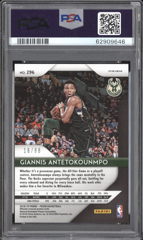 Giannis Antetokounmpo 2018-19 Panini Prizm 296 Choice Red 16/88 PSA 10