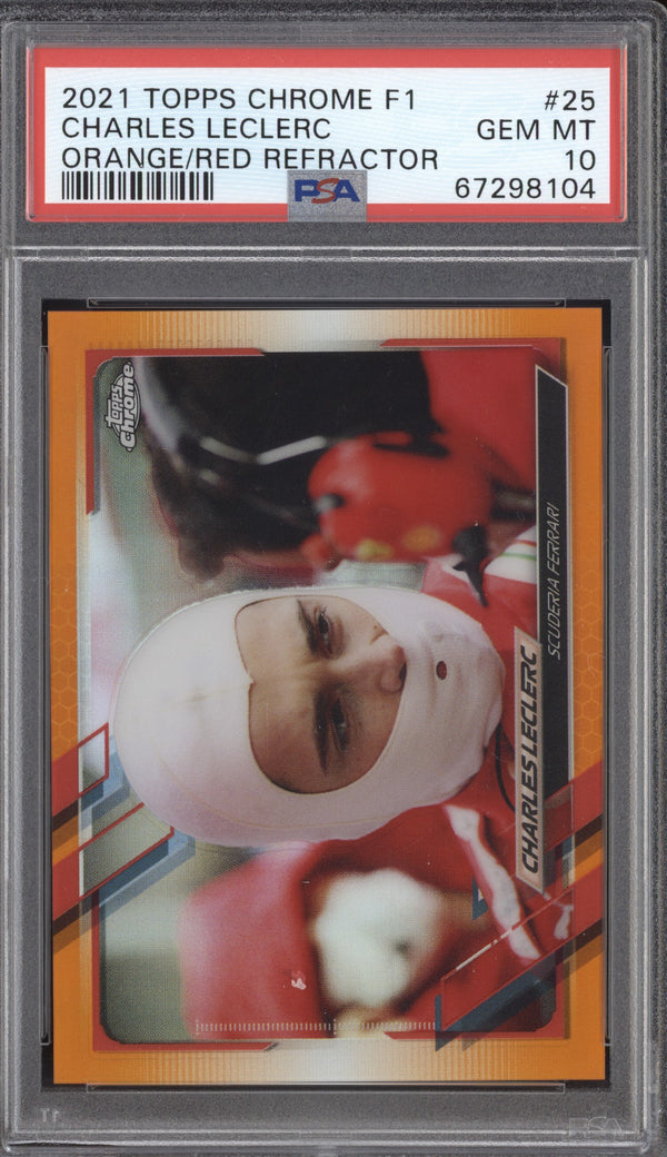 Charles Leclerc 2021 Topps Chrome 25 Orange/Red Refractor PSA 10