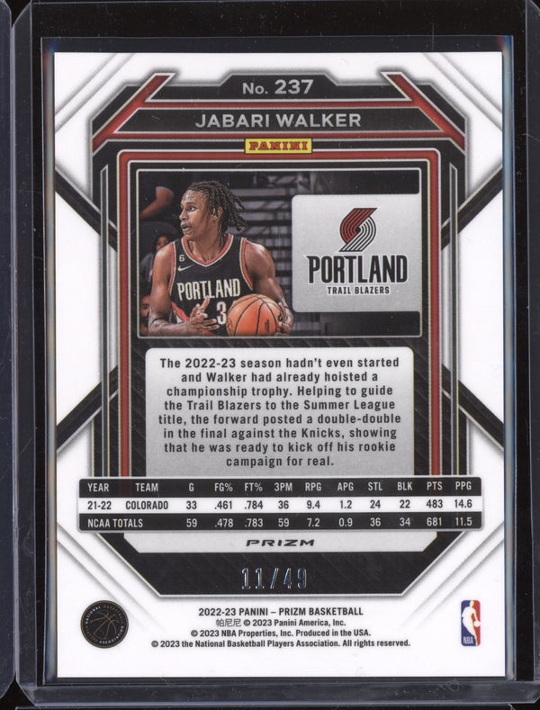 Jabari Walker 2022-23 Panini Prizm 237 Orange RC 11/49