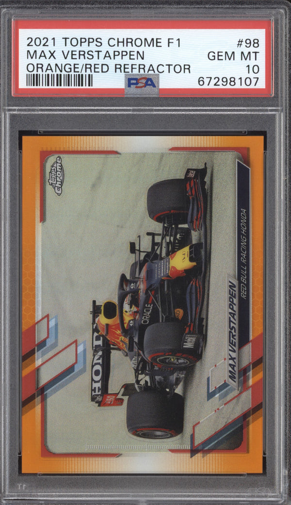 Max Verstappen 2021 Topps Chrome 98 Orange/Red Refractor PSA 10