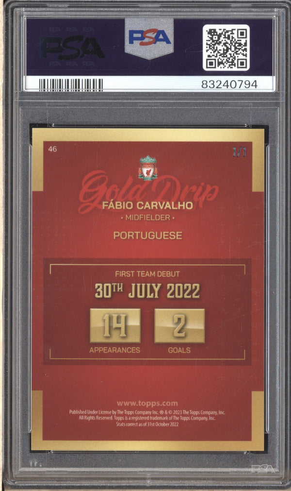 Fabio Carvalho 2022-23 Topps Liverpool FC Team Set 46 Gold RC 1/1 PSA 9
