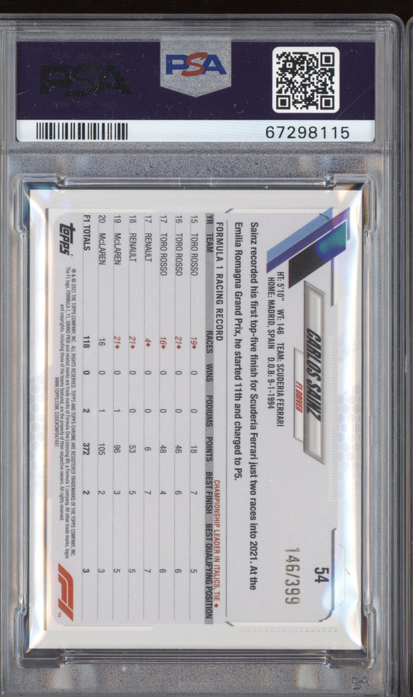 Carlos Sainz 2021 Topps Chrome 54 Purple Refractor 146/399 PSA 9