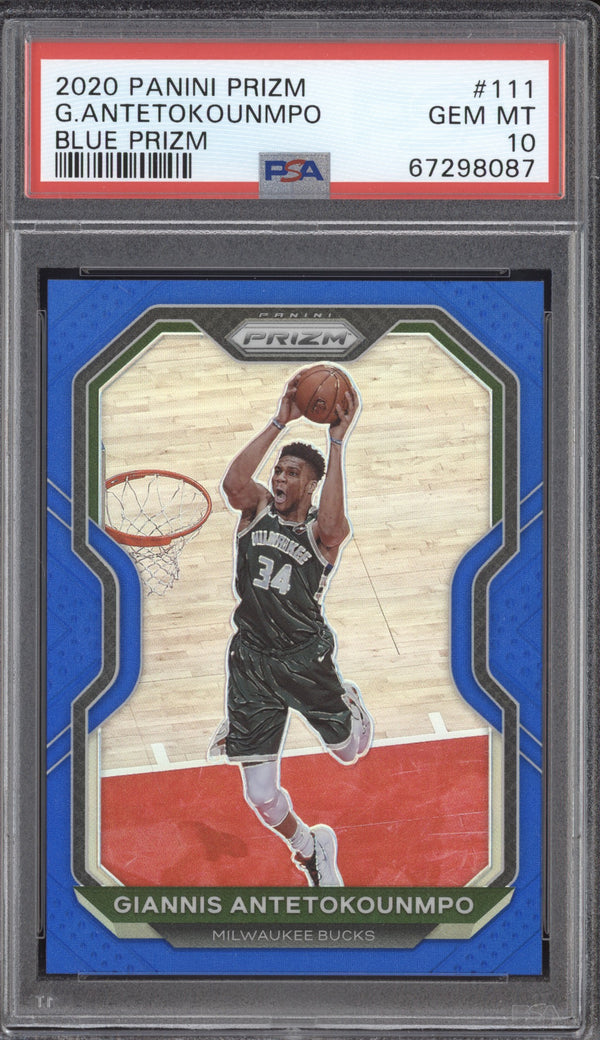 Giannis Antetokounmpo 2020-21 Panini Prizm 111 Blue 154/199 PSA 10