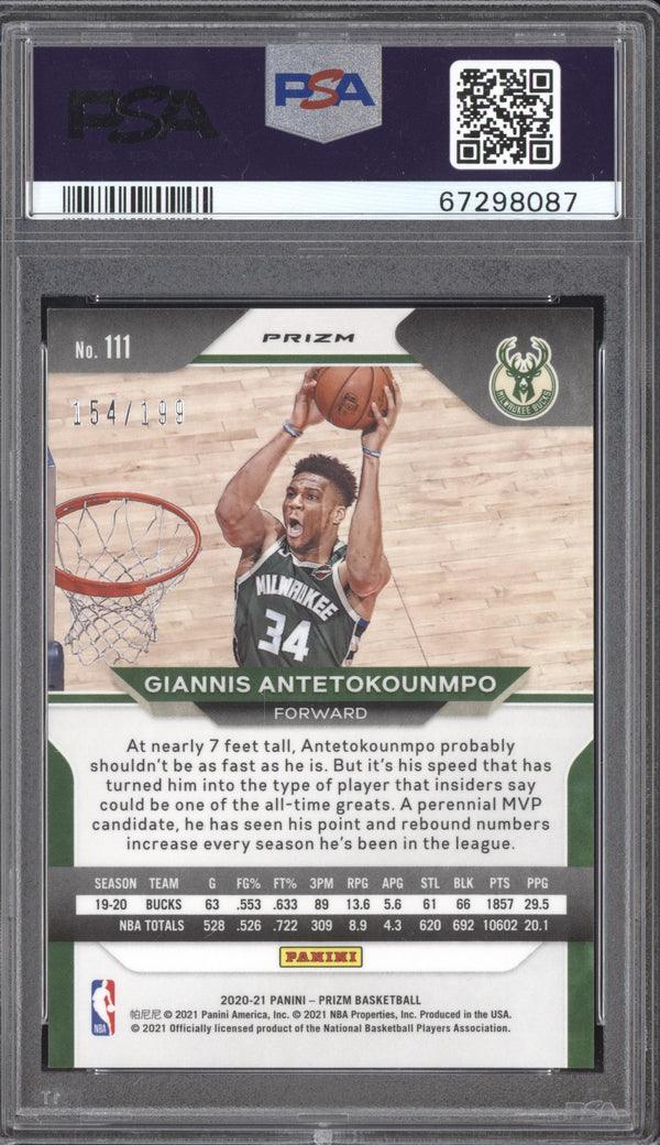 Giannis Antetokounmpo 2020-21 Panini Prizm 111 Blue 154/199 PSA 10