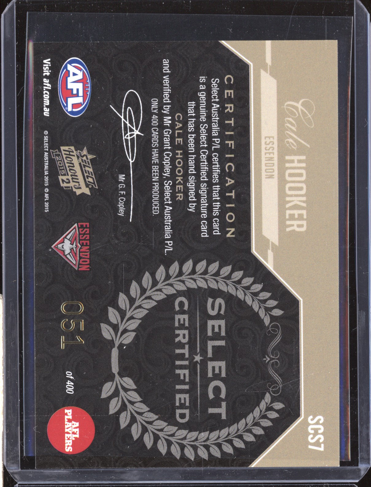 Cale Hooker 2015 Select Honours Series 2 SCS7 Certified Signature Auto 51/400