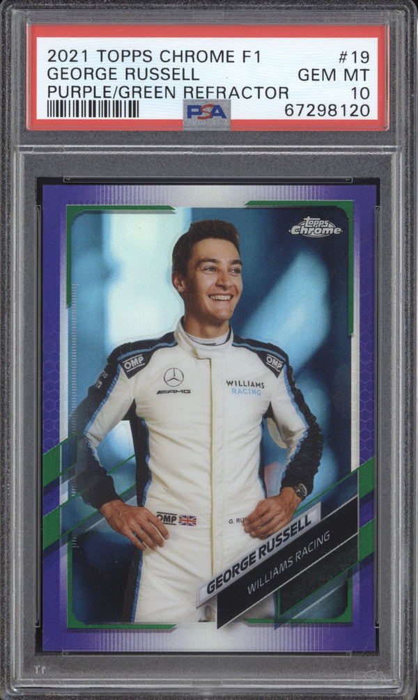 George Russell 2021 Topps Chrome 19 Purple/Green Refractor PSA 10